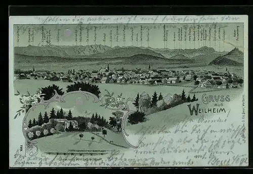 Lithographie Weilheim, Gögerlberg mit Restaurant, Bergpanorama mit Hörnle, Kramer und Bischof