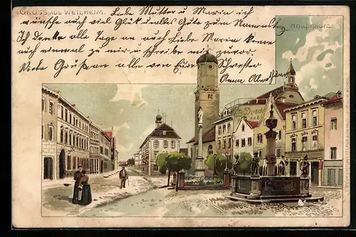 Lithographie Weilheim, Brunnen und Denkmal auf dem Hauptplatz