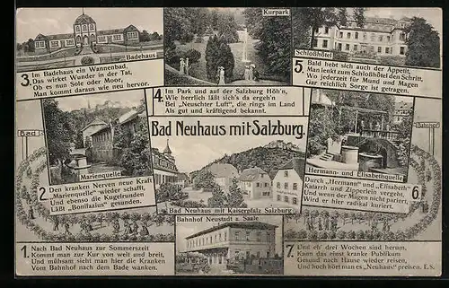 AK Bad Neuhaus, Ortsansicht mit Kaiserpfalz Salzburg, Hermann- und Elisabethquelle, Schlosshotel, Marienquelle, Bahnhof