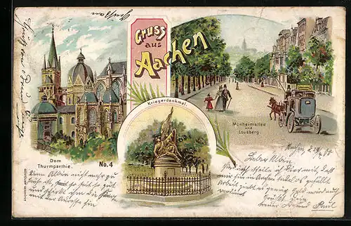 Lithographie Aachen, Dom mit Thurmparthie, Monheimallee u. Lousberg, Kriegerdenkmal