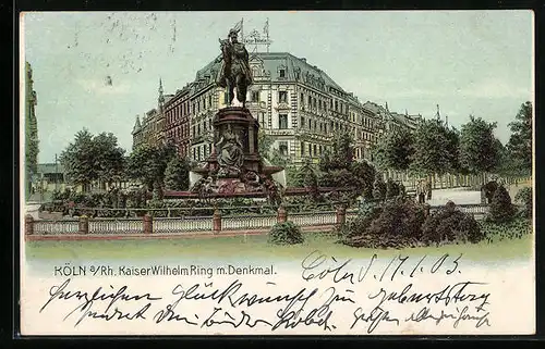 Lithographie Köln-Neustadt, Kaiser Wilhelm Ring m. Denkmal