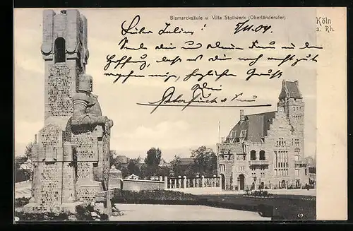 AK Köln-Marienburg, Bismarcksäule u. Villa Stollwerk, Oberländerufer