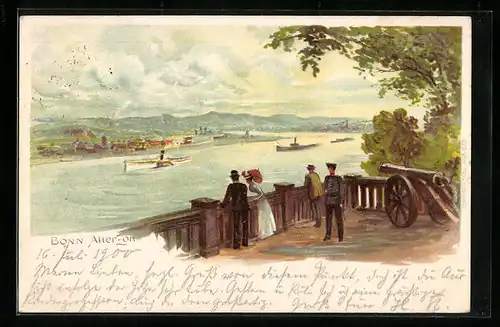 Lithographie Bonn, Uferansicht vom Alten Zoll