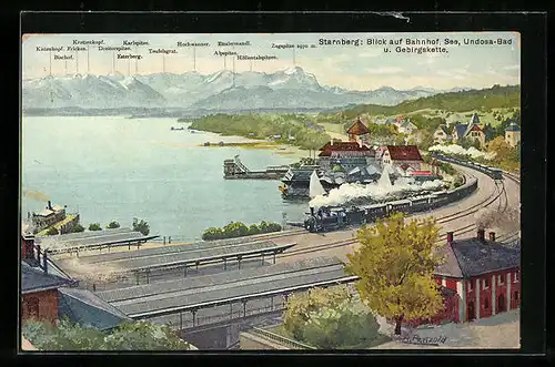 Künstler-AK Starnberg, Blick auf Bahnhof, See, Undosa-Bad u. Gebirgskette