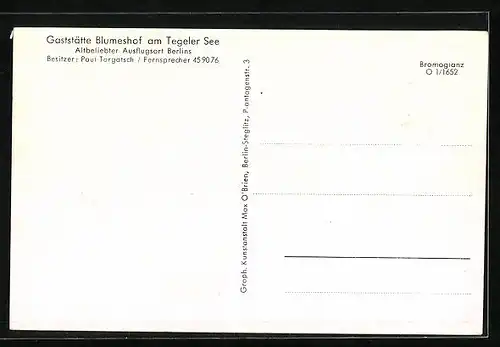 AK Berlin, Gaststätte Blumeshof am Tegeler See, Bes. Paul Targatsch