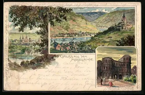 Lithographie Trier, Ortsansicht aus der Vogelschau, Porta Nigra, Ortsansicht von Cochem