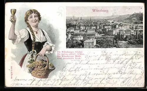 Präge-Lithographie Würzburg, Ortsansicht aus der Vogelschau, Frau in Tracht mit einem Korb Weintrauben