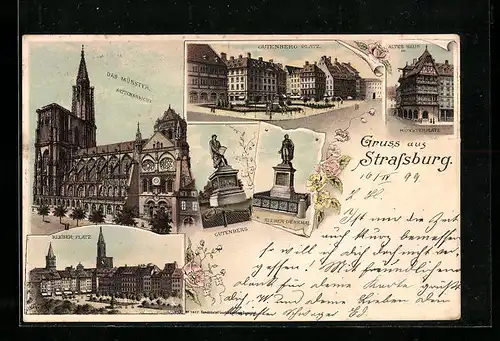 Lithographie Strassburg, Münsterplatz, Münster, Gutenberg-Platz