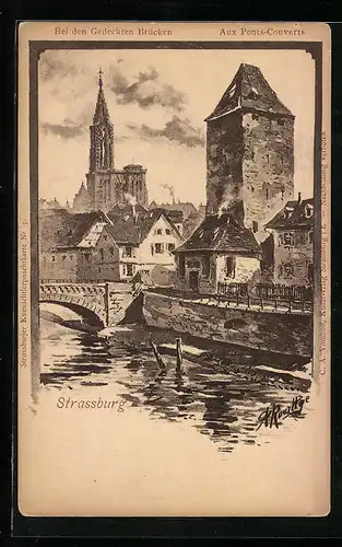 Lithographie Strassburg, Bei den Gedeckten Brücken
