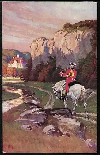 Künstler-AK Paul Hey: Jäger auf dem Schimmel bläst in sein Horn