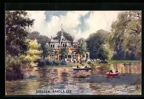 Künstler-AK Charles F. Flower: Dresden, Karola See mit Restaurant