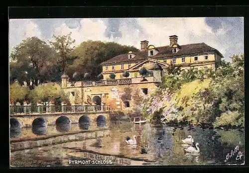 Künstler-AK Charles F. Flower: Pyrmont, Schloss mit Brücke und Teich