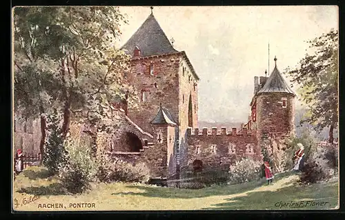 Künstler-AK Charles F. Flower: Aachen, Ponttor im Sonnenschein