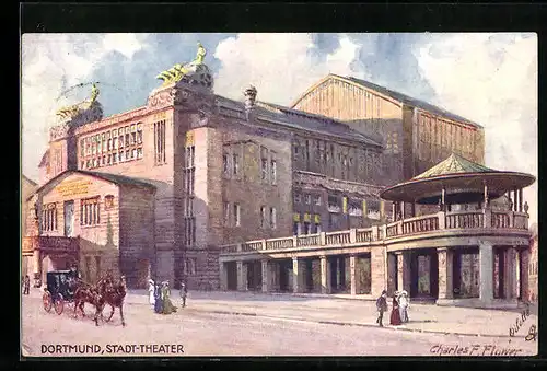 Künstler-AK Charles F. Flower: Dortmund, Stadt-Theater mit Strasse
