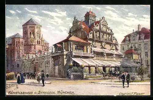 Künstler-AK Charles F. Flower: München, Künstlerhaus und Synagoge