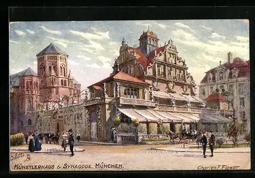 Künstler-AK Charles F. Flower: München, Partie mit Synagoge und Künstlerhaus