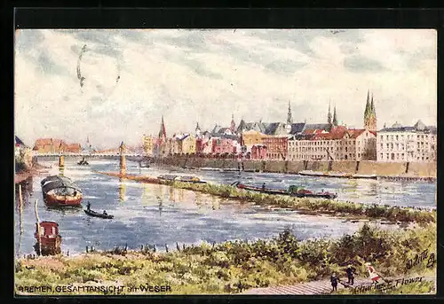 Künstler-AK Charles F. Flower: Bremen, Gesamtansicht mit Weser