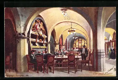 Künstler-AK Charles F. Flower: Bremen, Gaststätte Ratskeller, Innenansicht