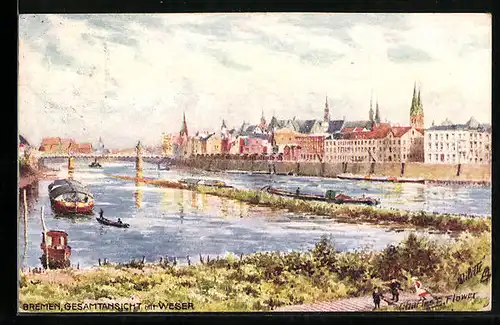 Künstler-AK Charles F. Flower: Bremen, Gesamtansicht mit Weser und Frachtkähnen