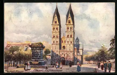 Künstler-AK Charles F. Flower: Coblenz, Castorkirche mit Passanten