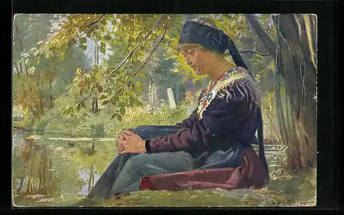 Künstler-AK sign. E. Hörwarter: Dreaming, Frau am träumen