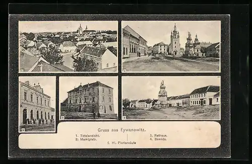 AK Eywanowitz, Totalansicht, Marktplatz, Rathaus, Beseda, Hl. Floriansäule