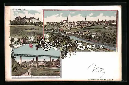Lithographie Znaim, Klosterbruck, Thaya Viaduct, Ortsansicht aus der Vogelschau