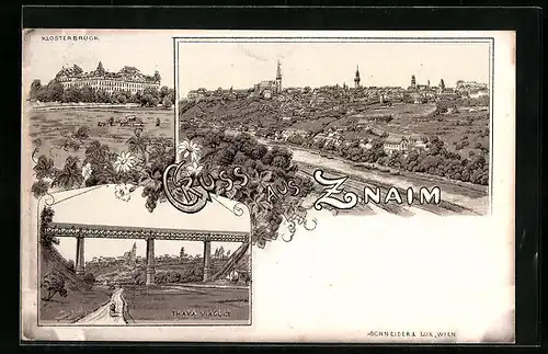 Lithographie Znaim, Klosterbruck, Thaya Viaduct, Ortsansicht aus der Vogelschau