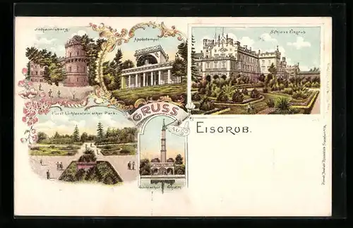 Lithographie Eisgrub, Johannisburg, Apollotempel, Schloss Eisgrub, Fürst Lichtenstein`scher Park, Türkischer Thurm