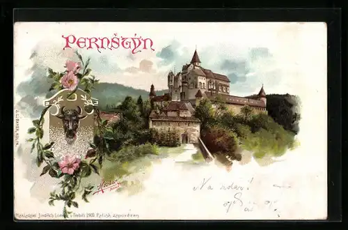 Lithographie Pernstyn, Blick auf die Burg, Ochsenkopf