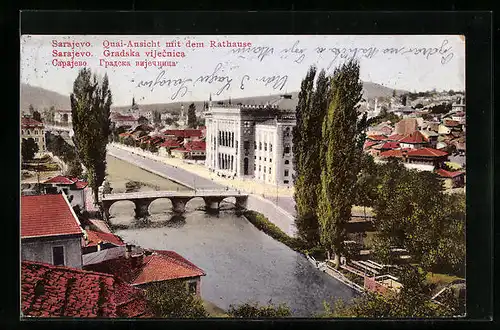 AK Sarajevo, Quai-Ansicht mit dem Rathaus