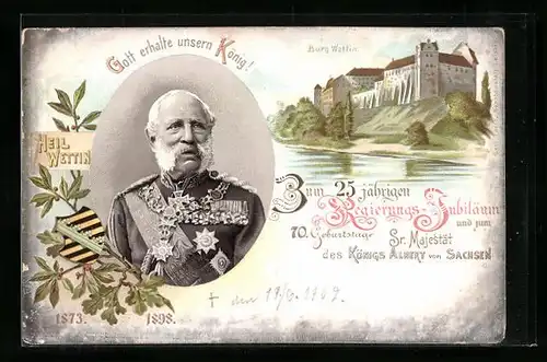 Lithographie Wettin, Burg Wettin, Portrait König Albert von Sachsen in Parade-Uniform an seinem 70. Geburtstag
