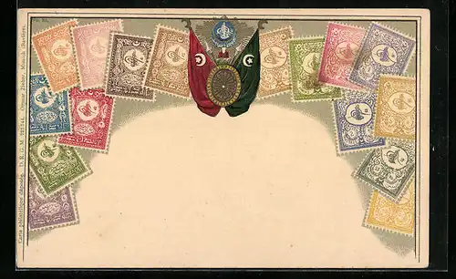 Lithographie Türkei, Briefmarken und Wappen mit Flaggen