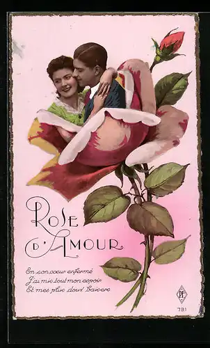 AK Liebespaar in Rose, Rose d`Amour, Fotomontage