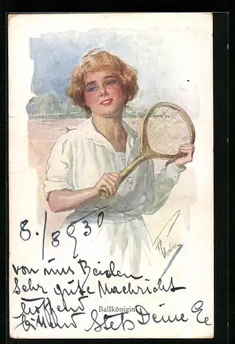 Künstler-AK Tennis-Spielerin mit Tennis-Schläger, Ballkönigin