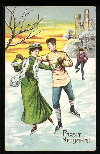 Künstler-AK Prosit Neujahr!, Paar beim Schlittschuhlaufen