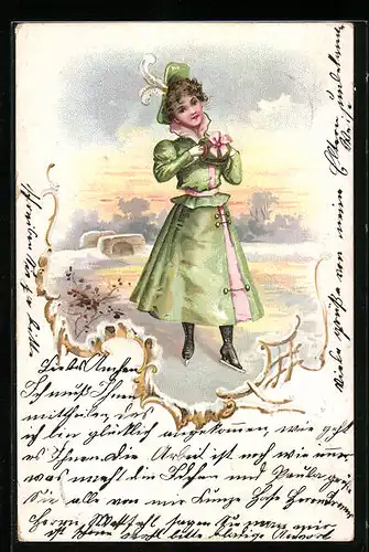 Lithographie Dame im grünen Rock auf Schlittschuhen