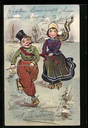 AK Niederländisches Paar beim Schlittschuhlaufen
