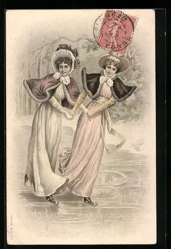 Lithographie Junge Frauen laufen gemeinsam Schlittschuh