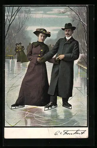 Künstler-AK Paar beim Schlittschuhlaufen im Winter