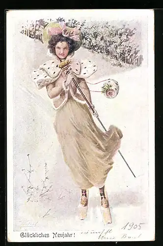 Künstler-AK Dame im langen Kleid auf Skiern