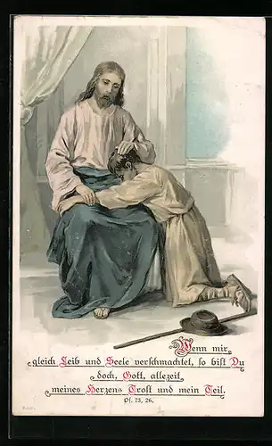 Künstler-AK Sinnspruch Wenn mir gleich Leib und Seele verschmachtet, so bist Du doch Gott allezeit...