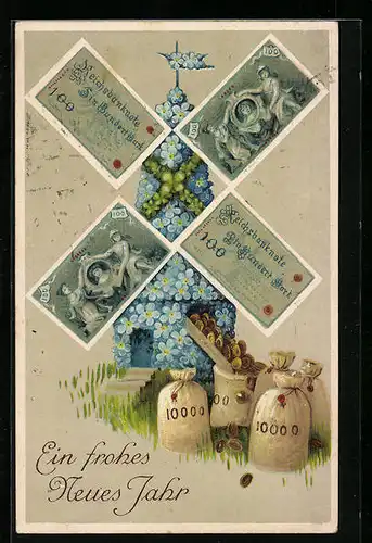 AK Windmühle aus Blumen und Geldscheinen füllt Goldmünze in Geldsäcke