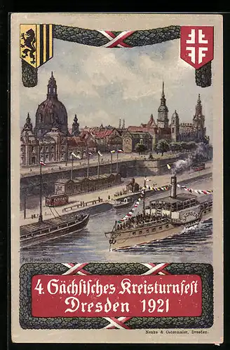 Künstler-AK Dresden, 4. Sächsisches Kreisturnfest 1921, Stadtansicht mit Elbedampfer Dresden, Wappen