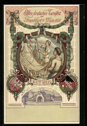 Künstler-AK Frankfurt /Main, Elftes deutsches Turnfest 1908, Gut Heil
