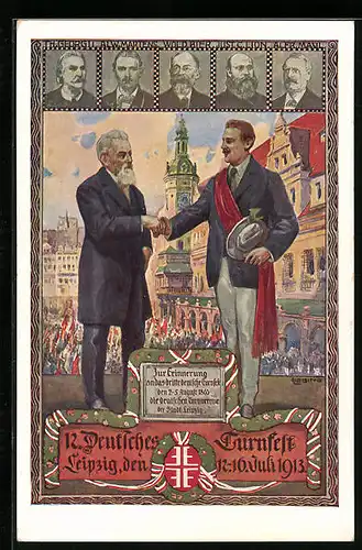 Künstler-AK Leipzig, 12. Dt. Turnfest 1913, Porträts u. a. T. Georgii & W. Bier, Turner reichen sich die Hand
