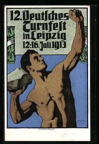 Künstler-AK Leipzig, 12. Deutsches Turnfest 1913, Sportler mit einem Stein