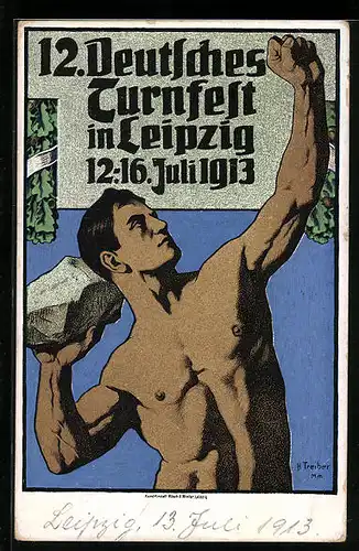 Künstler-AK Leipzig, 12. Deutsches Turnfest 1913, Sportler mit einem Stein