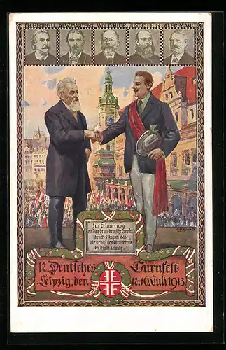Künstler-AK Leipzig, 12. Dt. Turnfest 1913, Porträts u. a. T. Georgii & W. Bier, Turner reichen sich die Hand