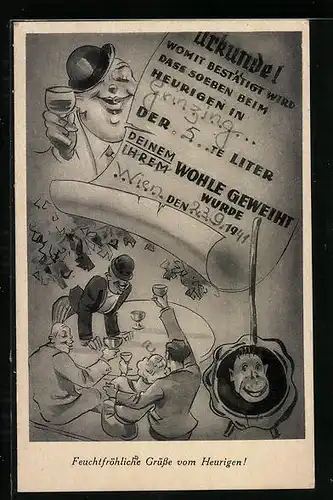 Künstler-AK Feuchtfröhliche Grüsse vom Heurigen, Weinreklame